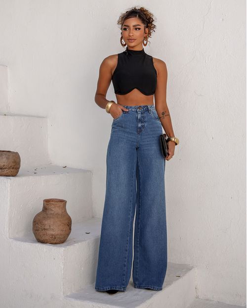 Calça Jeans Wide Leg Feminina Relaxed 24811 Sky Médio