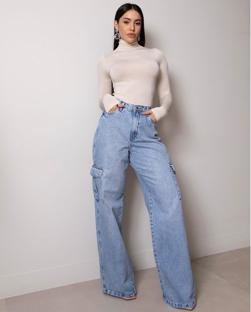 Calça Jeans Wide Leg Feminina Cintura Alta Bolso Cargo 22841 Sky Claro