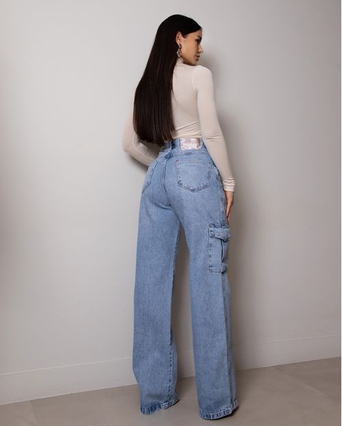 Calça Jeans Wide Leg Feminina Cintura Alta Bolso Cargo 22841 Sky Claro