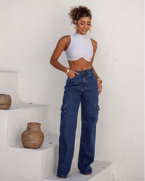 Calça Jeans Wide Leg Feminina Cintura Alta com Bolso Cargo 22186 Escura