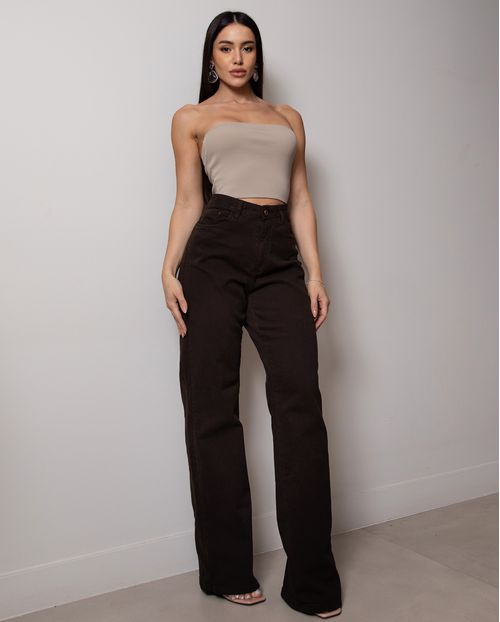 Calça Jeans Wide Leg Feminina Cintura Alta Básica com Elastano 28000 Marrom