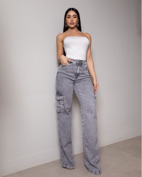 Calça Jeans Wide Leg Feminina Cintura Alta Cargo com Elastano 22999 Cinza