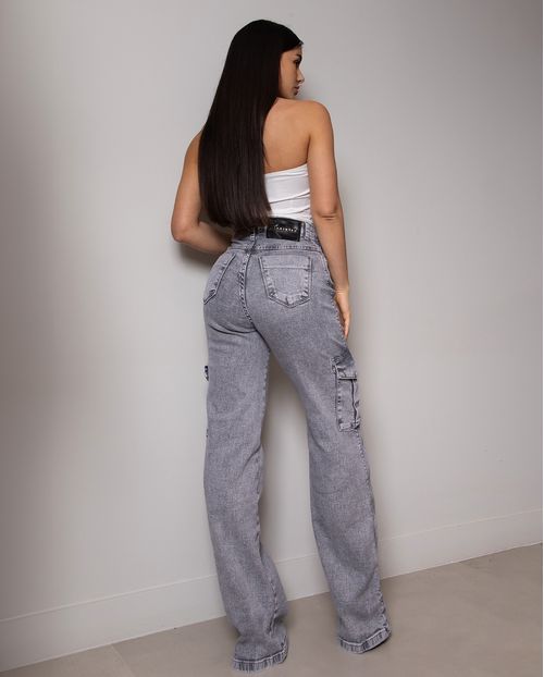 Calça Jeans Wide Leg Feminina Cintura Alta Cargo com Elastano 22999 Cinza