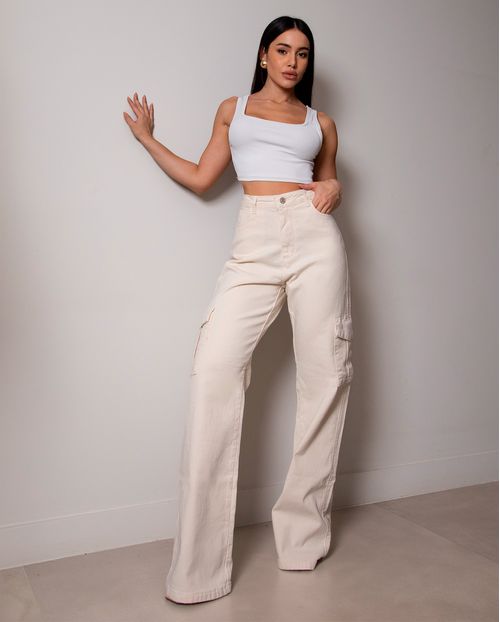 Calça Jeans Wide Leg Feminina Cintura Alta Cargo com Elastano 22999 Off White