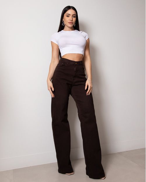 Calça Jeans Wide Leg Feminina Cintura Alta Básica Algodão 29000 Marrom