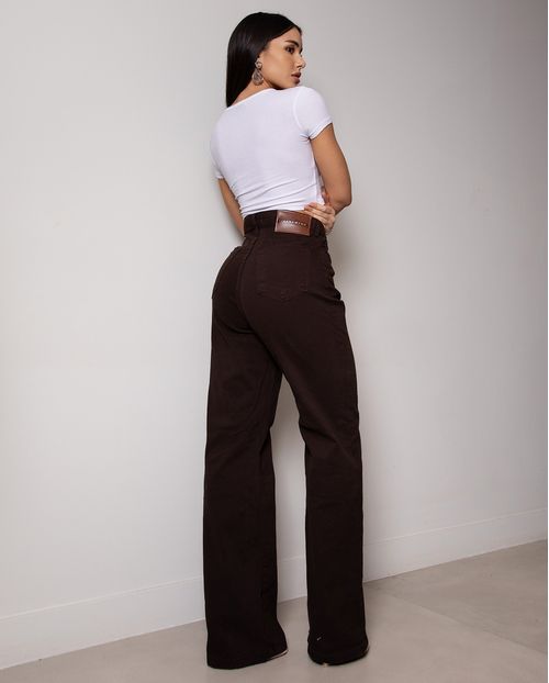 Calça Jeans Wide Leg Feminina Cintura Alta Básica Algodão 29000 Marrom