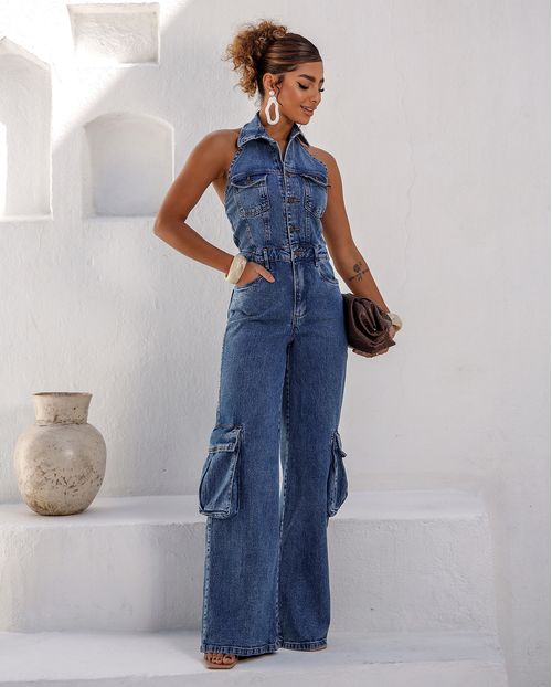 Macacão Jeans Wide Leg Feminino Cargo 24735 Sky