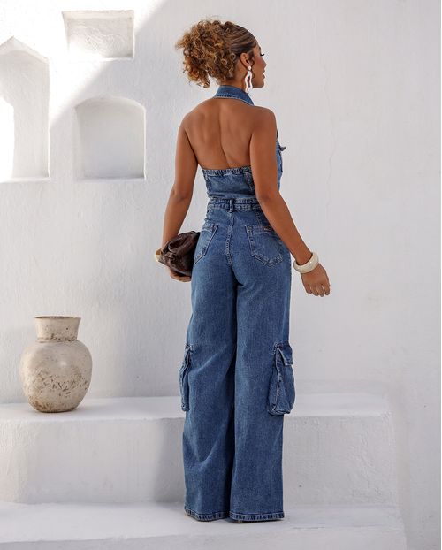 Macacão Jeans Wide Leg Feminino Cargo 24735 Sky