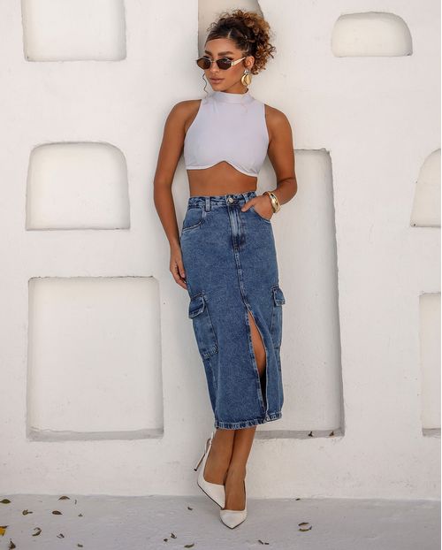 Saia Midi Jeans Feminina Cargo com Abertura Frontal 23278 Sky Escuro