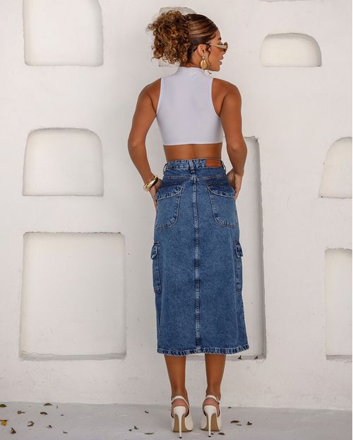 Saia Midi Jeans Feminina Cargo com Abertura Frontal 23278 Sky Escuro