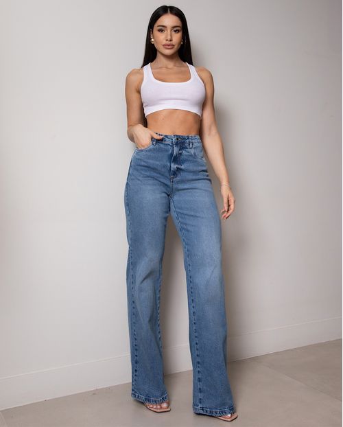 Calça Jeans Wide Leg Feminina Básica 28017 Sky Médio