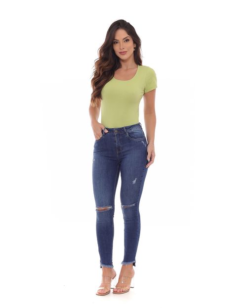 Calça Jeans Feminina Skinny com Barra Irregular Desfiada Cintura Média 21904 Escura