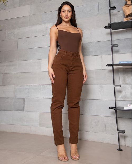 Calça Jeans Mom Feminina Cintura Alta Básica com Elastano 00201 Marrom