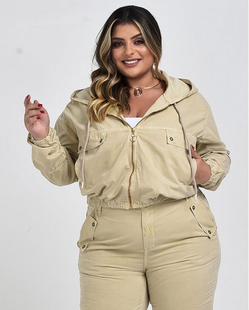 Jaqueta Feminina Plus Size com Capuz 20741 Bege