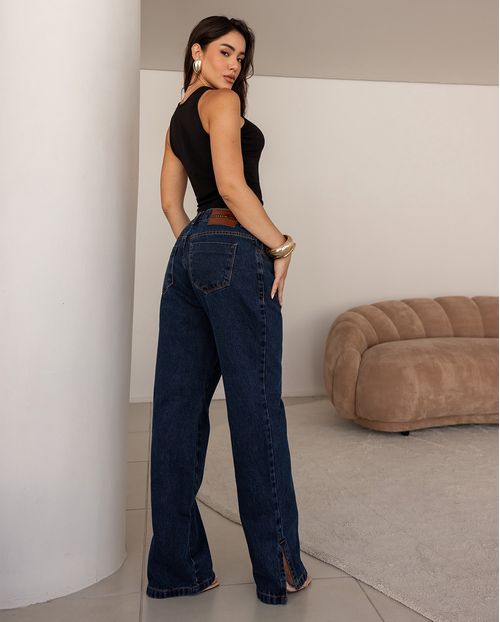 Calça Jeans Wide Loose Feminina Cintura Alta Abertura Lateral Barra 02920 Black Blue