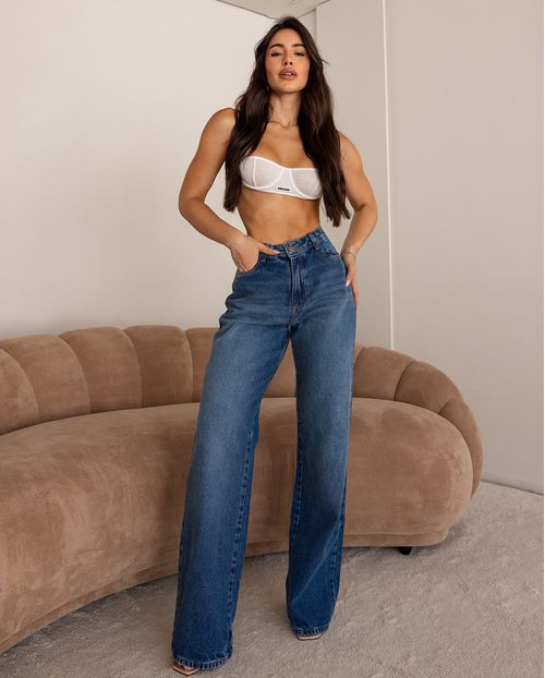 Calça Jeans Feminina Wide Leg Cintura Alta 29102 Escura