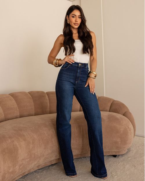 Calça Jeans Wide Leg Feminina Cintura Alta 28021 Escura