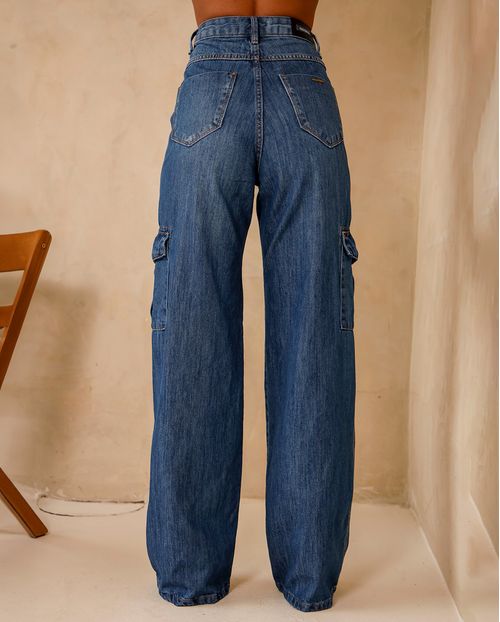 Calça Jeans Wide Leg Feminina Cintura Alta Bolso Cargo 22841 Sky com Bigode