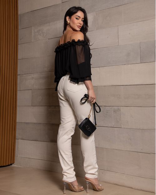 Calça Jeans Mom Feminina Cintura Alta Básica com Elastano 00201 Off White
