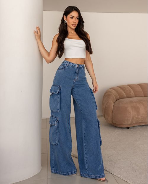 Calça Jeans Wide Leg Feminina Relaxed Cargo 24707 Sky Médio