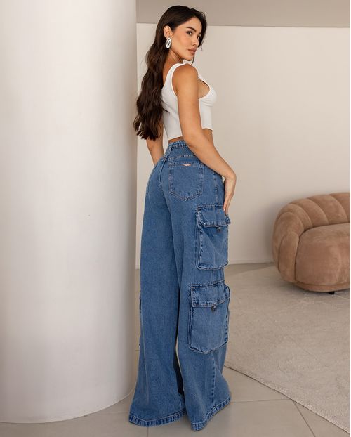 Calça Jeans Wide Leg Feminina Relaxed Cargo 24707 Sky Médio