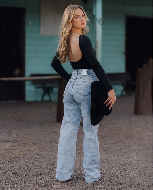 Calça Jeans Wide Leg Feminina Cintura Alta Bordado Estrelas 23800 Sky