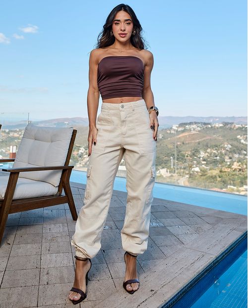 Calça Sarja Jogger Feminina Cintura Média Cargo 23687 Off White