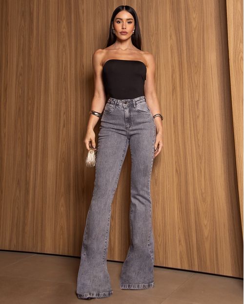 Calça Jeans Flare Feminina Cintura Alta 24936 Cinza
