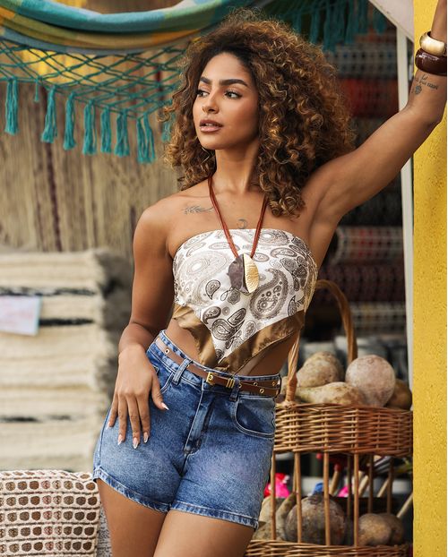 Shorts Jeans Mom Feminino Cintura Alta Detalhe Botão 24223 Sky Vintage