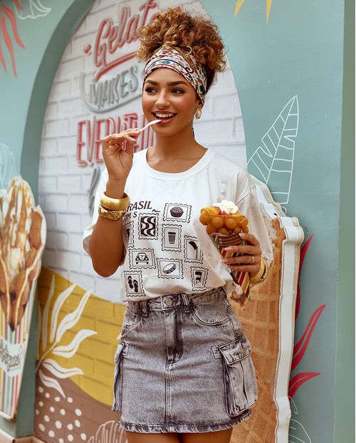 Mini Saia Jeans Feminina Cargo 24955 Cinza