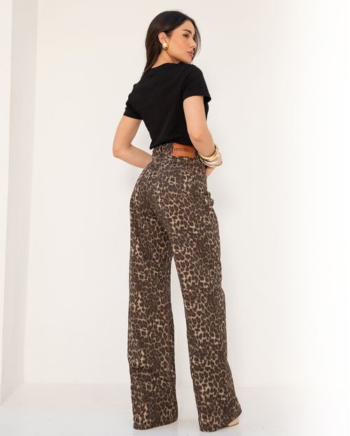 Calça Jeans Wide Leg Feminina Estampada 25069 Estampa Onça