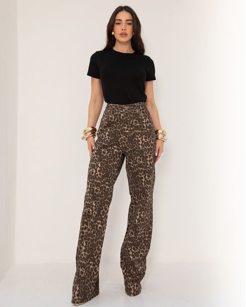 Calça Jeans Wide Leg Feminina Estampada 25069 Estampa Onça