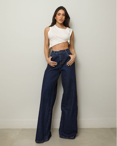 Calça Jeans Wide Leg Feminina Relaxed Cintura Baixa 29909 Escura
