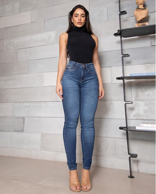 Calça Jeans Skinny Feminina Cintura Intermediária 24762 Escura