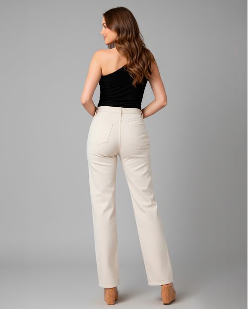 Calça Sarja Wide Leg Feminina Cintura Alta Básica 28015 Off White