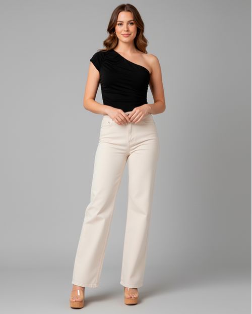 Calça Sarja Wide Leg Feminina Cintura Alta Básica 28015 Off White