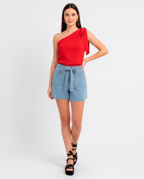 Shorts Jeans Feminino Mom com Ilhos e Cinto Embutido No Cós para Amarração  21666 Média