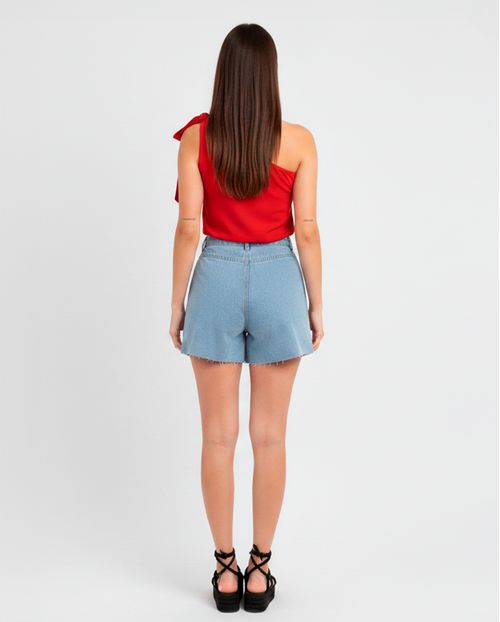 Shorts Jeans Feminino Mom com Ilhos e Cinto Embutido No Cós para Amarração  21666 Média