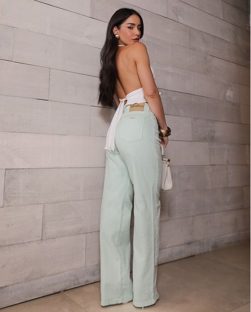 Calça Jeans Wide Leg Feminina Cintura Alta Básica com Elastano 28000 Verde Menta