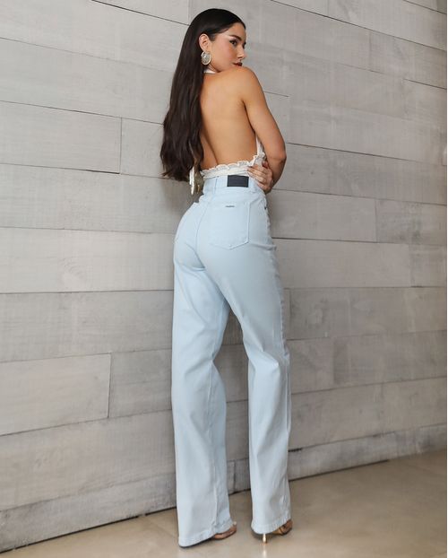 Calça Jeans Wide Leg Feminina Cintura Alta Básica com Elastano 28000 Azul