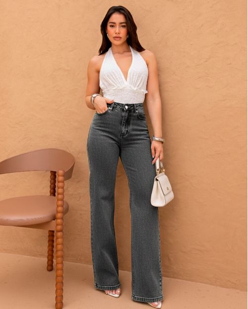 Calça Jeans Wide Leg Feminina Cintura Alta Básica com Elastano 28000 Vintage