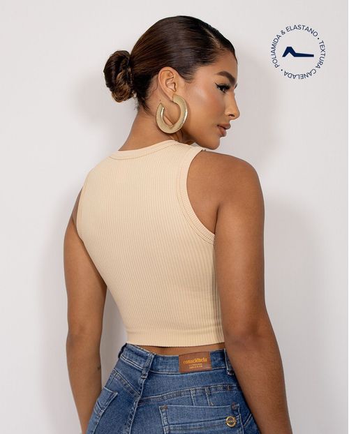 Regata Cropped Feminina Canelada Poliamida 99225 Bege