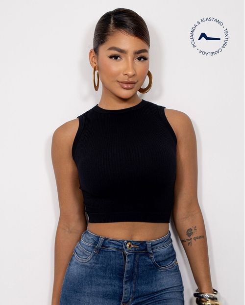 Regata Cropped Feminina Canelada Poliamida 99225 Preto