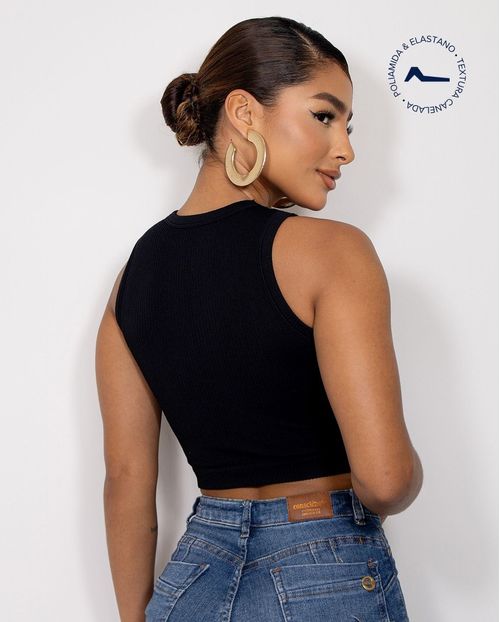Regata Cropped Feminina Canelada Poliamida 99225 Preto