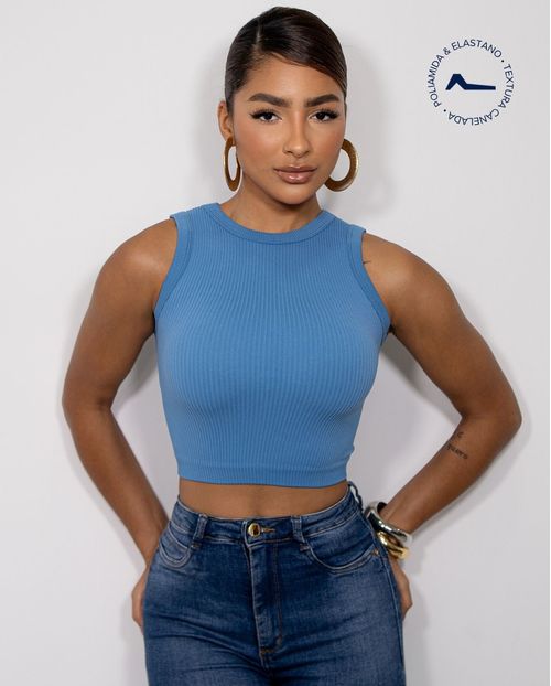 Regata Cropped Feminina Canelada Poliamida 99225 Azul
