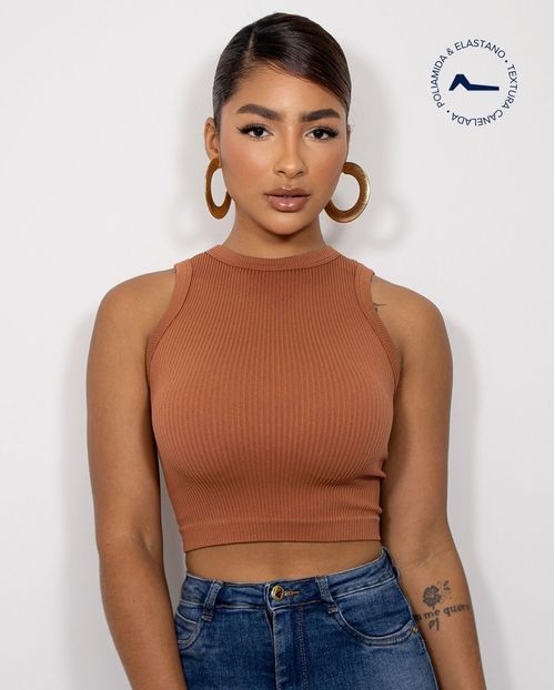 Regata Cropped Feminina Canelada Poliamida 99225 Marrom