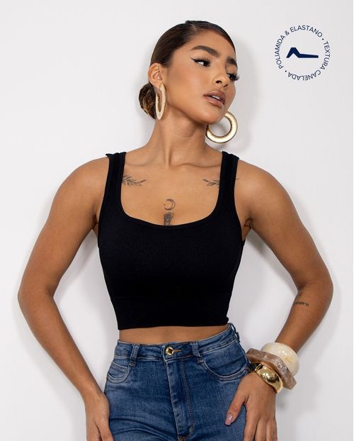 Regata Cropped Feminina Poliamida Canelada 99176  Preto