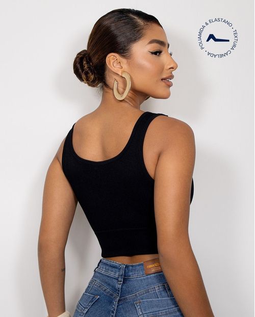 Regata Cropped Feminina Poliamida Canelada 99176  Preto