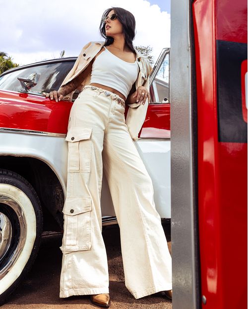 Calça Jeans Feminina Wide Leg Relaxed Cargo Cintura Baixa 24652 Off White