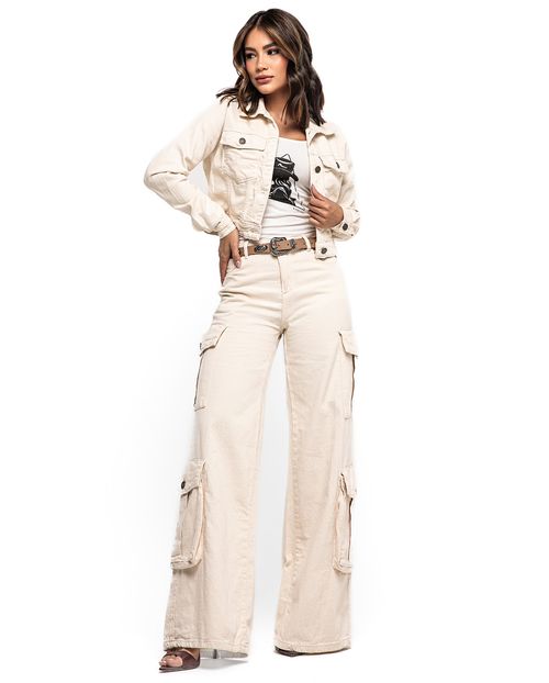 Calça Jeans Feminina Wide Leg Relaxed Cargo Cintura Baixa 24652 Off White